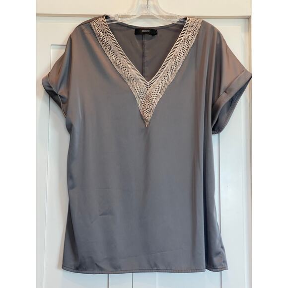 Mirol Gray silky lace detail v-neck top size Large - Picture 1 of 7